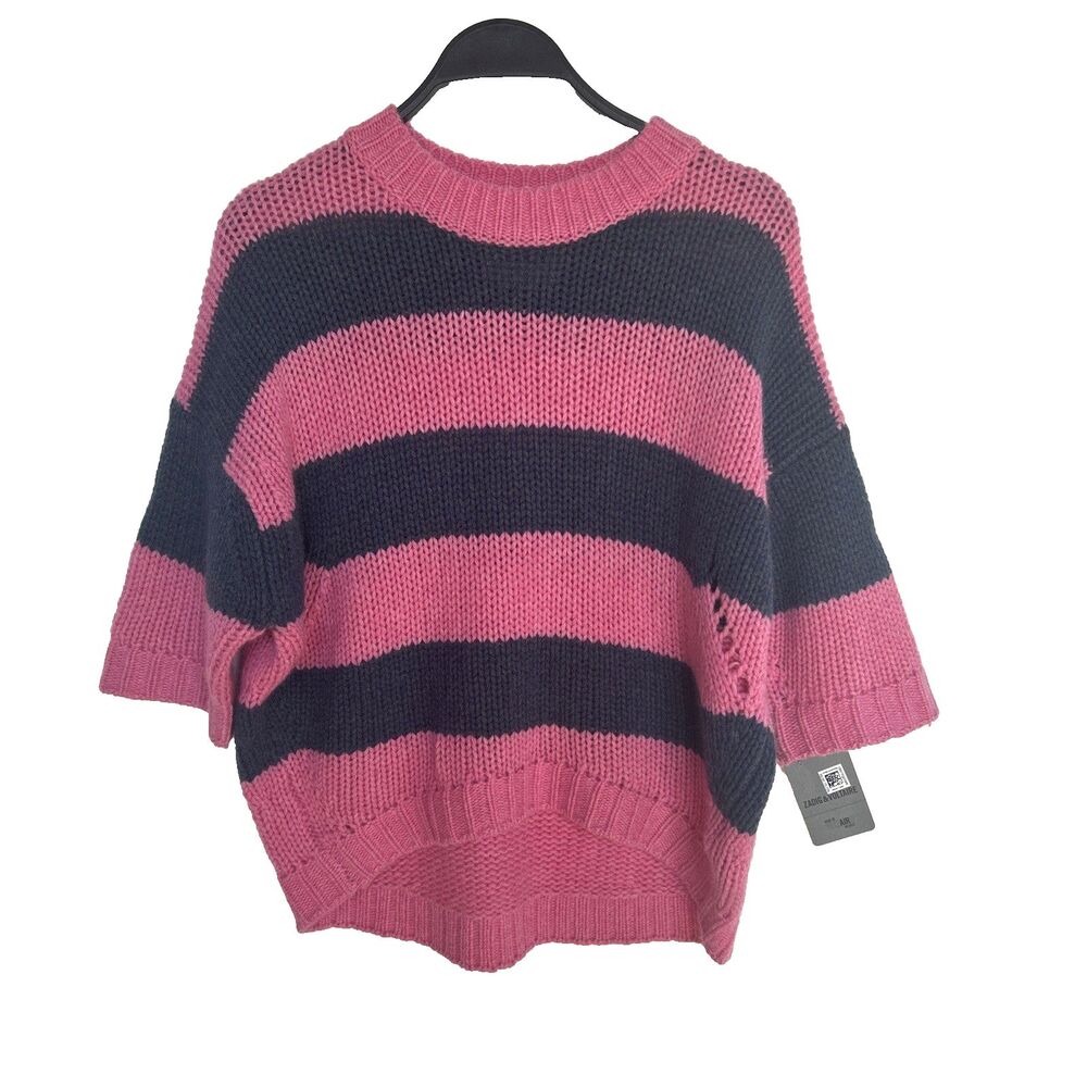 Zadig & Voltaire Bully WS 100% Cashmere Striped Short Slv Sweater Pink/Gray XS